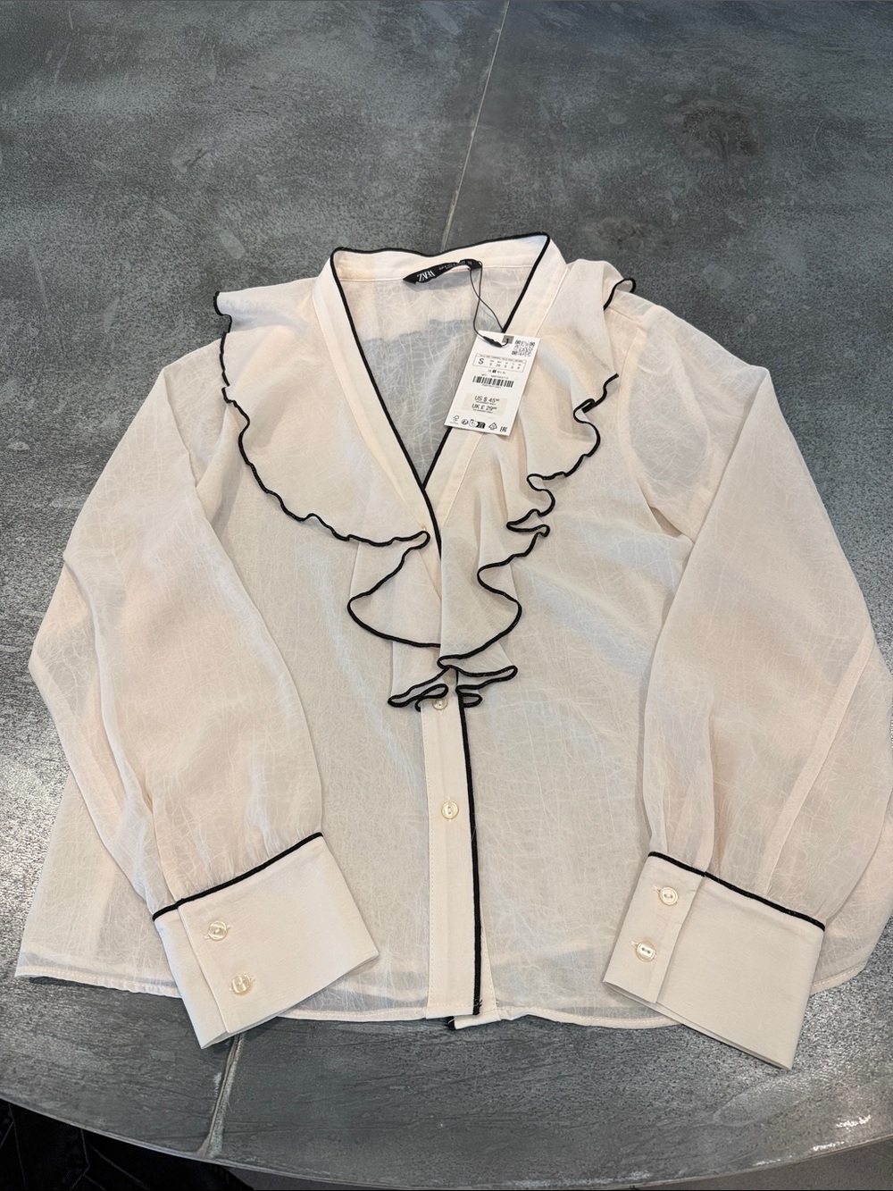 ZARA Cream Sheer Ruffle Blouse with Black Trim